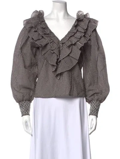Pre-owned Ganni Plaid Print V-neck Blouse In Neutral