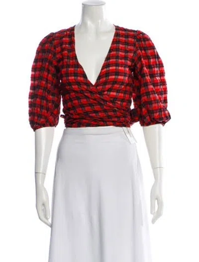 Pre-owned Ganni Plaid Print V-neck Blouse In Red
