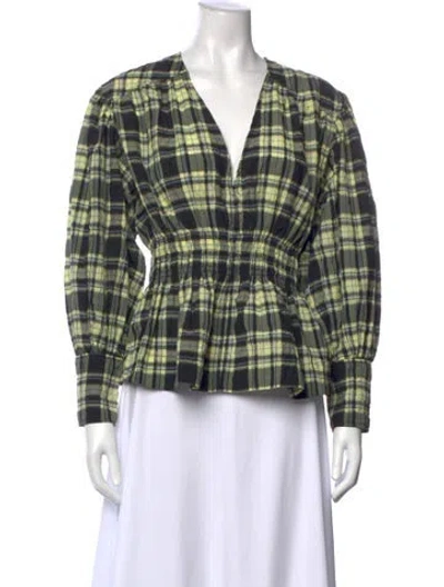 Pre-owned Ganni Plaid Print V-neck Blouse In Yellow