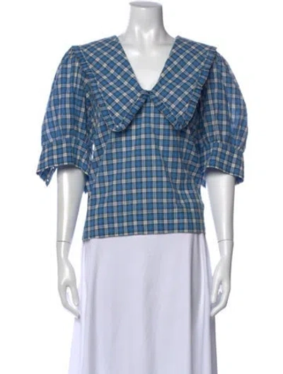 Pre-owned Ganni Plaid Print V-neck Top In Blue