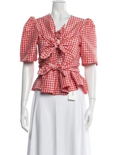 Pre-owned Ganni Plaid Print V-neck Top W/ Tags In Red
