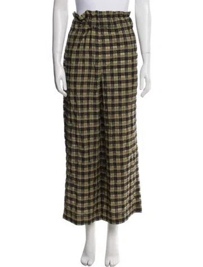 Pre-owned Ganni Plaid Print Wide Leg Pants In Green