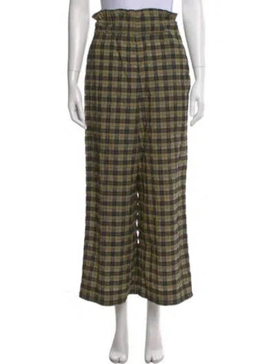 Pre-owned Ganni Plaid Print Wide Leg Pants In Green