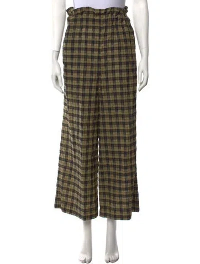 Pre-owned Ganni Plaid Print Wide Leg Pants In Green