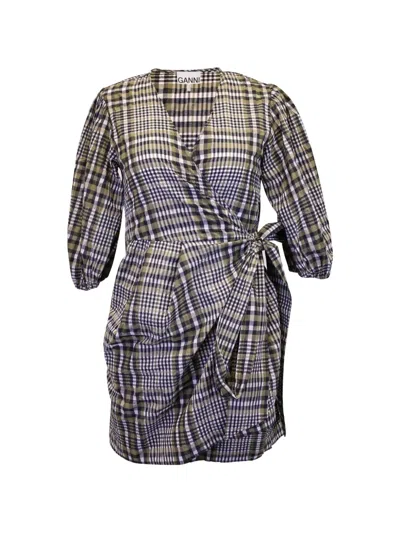 Pre-owned Ganni Plaid Wrap Dress In Brown