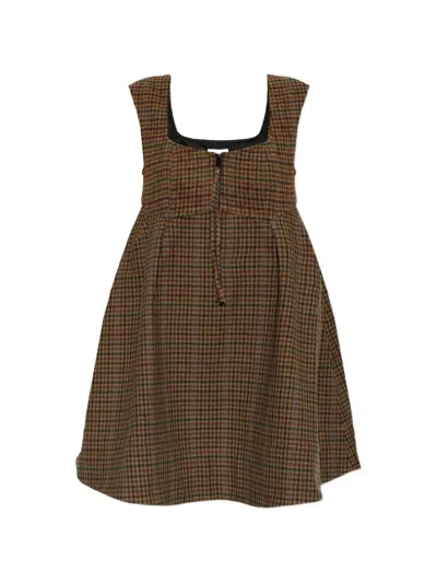 Ganni Plaid-pattern Sleeveless Mini Dress In Brown