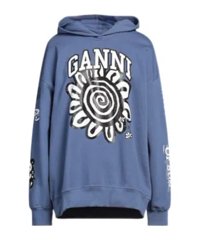 Ganni Plain Colour Pullover Sweatshirt With Print In Blue