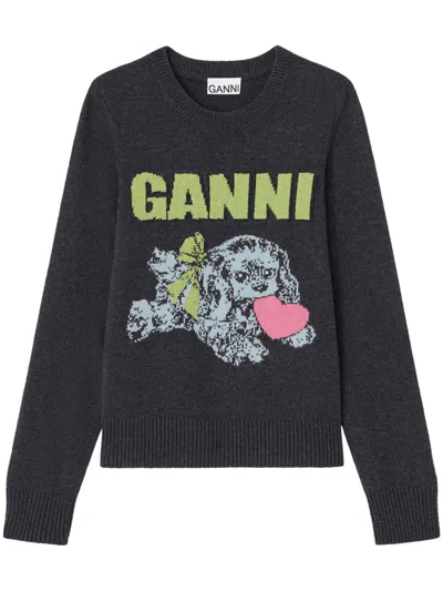 Ganni Playful Puppy Love Graphic Wool Blend Crewneck Sweater In Black