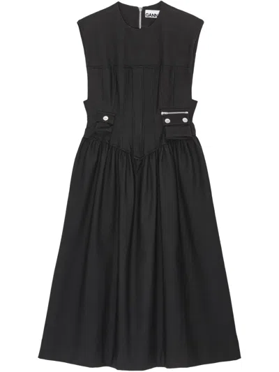 Ganni Midikleid Mit Faltendetail In Schwarz