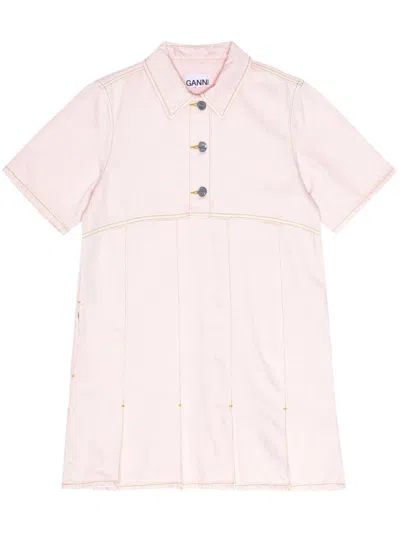 Ganni Pleat-hem Denim Mini Dress In Pink