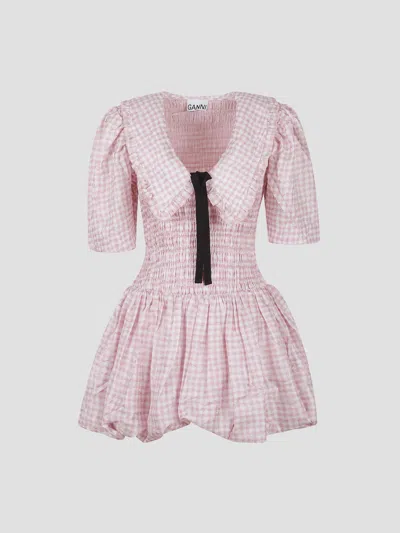 Ganni Pleat Mini Smock Bubble Dress In Pink