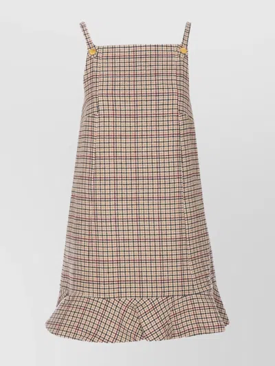 GANNI PLEATED CHECKERED SLEEVELESS GOWN WITH RUFFLE HEM
