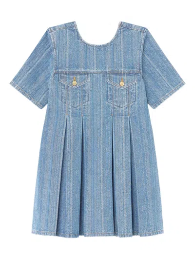 Ganni Pleated Denim Dress In Blue