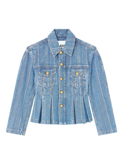 Ganni Striped Denim Pleated Jacket In Blue