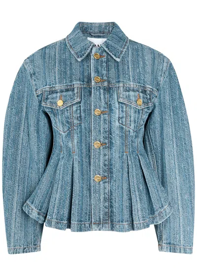 Ganni Pleated Denim Jacket In Blue