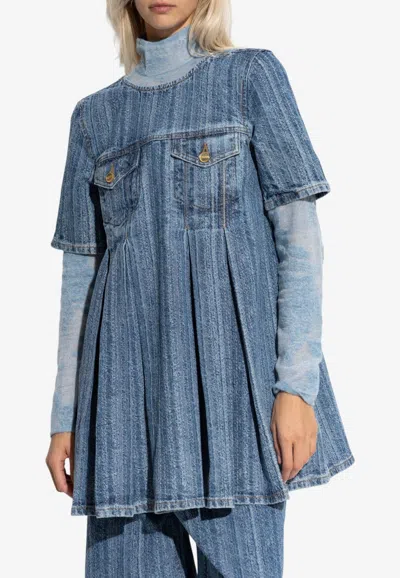 Ganni Pleated Denim Mini Dress In Blue
