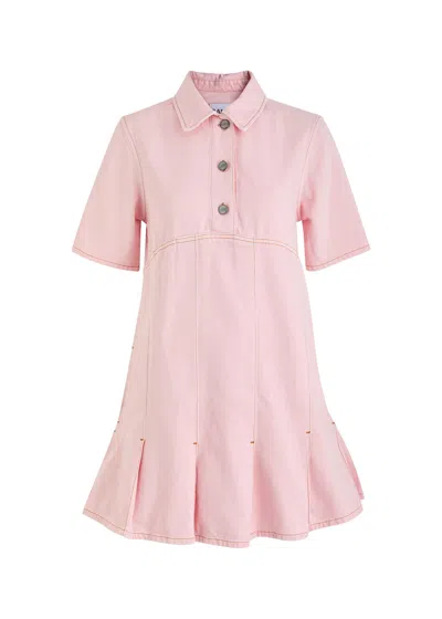 Ganni Pleat-hem Denim Mini Dress In Pink