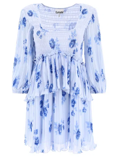 Ganni Pleated Georgette Flounce Smock Mini Dress In Blue