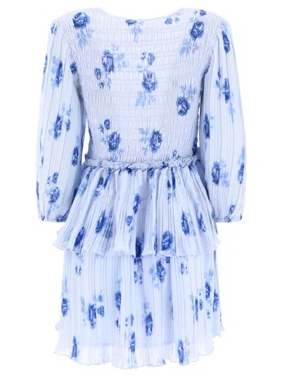 Ganni Pleated Georgette Flounce Smock Mini Dress In Light Blue