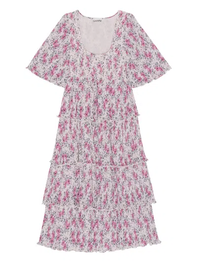 Ganni Short Sleeve Pleated Georgette Flounce Smock Midi Dress In Mauve Chalk