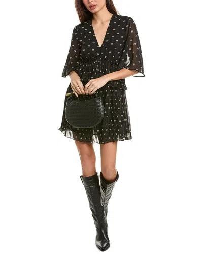 Ganni Pleated Georgette V-neck Flounce Mini Dress In Black