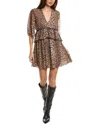 Ganni Almond Milk Pleated Georgette V-neck Flounce Mini Dress In Animal Print Recycled Polyester In Brown