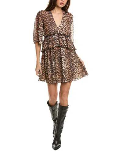 Ganni Almond Milk Pleated Georgette V-neck Flounce Mini Dress In Animal Print Recycled Polyester In Multi