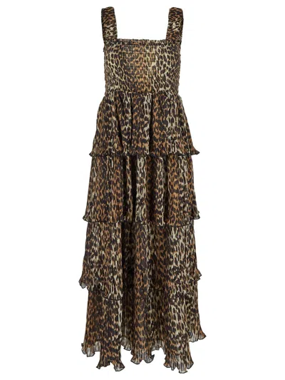 Ganni Leopard Pleated Georgette Flounce Smock Midi Dress In Animal Print