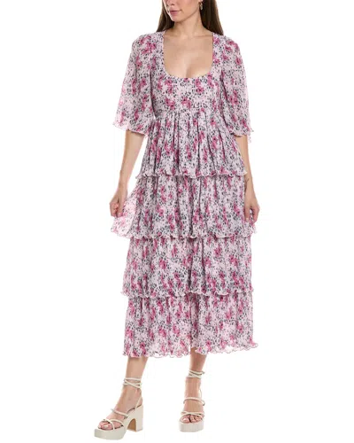 Ganni Pleated Georgette Flounce Smock Midi Dress In Pink