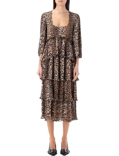Ganni Women Leopard Print Midi Dress In Animal Print