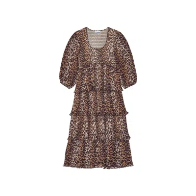Ganni Leopard Pleated Georgette Flounce Smock Midi Dress In Multi