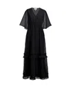 Ganni Black Short Sleeve Pleated Georgette Maxi Dress Size 14 Polyester Women's In Black