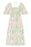 Ganni Short Sleeve Pleated Georgette Midi Smock Dress In Multi