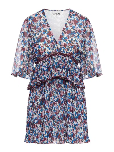 Ganni Pleated Mini Dress With Floral Motif In Multicolour