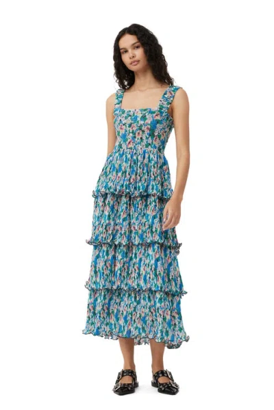 Ganni Pleated Georgette Smock Midi Dress In Floral Azure Blue