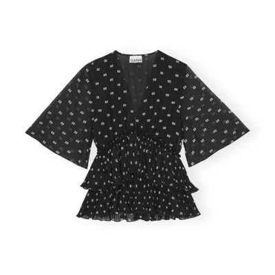 Ganni Black Pleated Georgette V-neck Flounce Blouse
