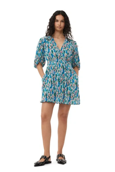 Ganni Short Sleeve Pleated Georgette V-neck Mini Dress In Floral Azure Blue