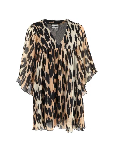 Pre-owned Ganni Pleated Leopard-print Mini Dress In Neutral