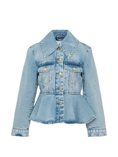 Ganni Rigid Denim Padded Peplum Jacket In Multi