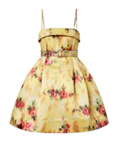 Ganni Floral-print Tie-detailed Duchesse-satin Mini Dress In Gold