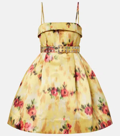 Ganni Floral-print Tie-detailed Duchesse-satin Mini Dress In Gold