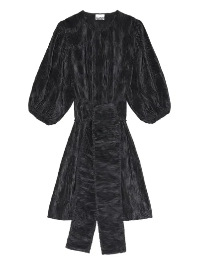 Ganni Pleated Puff-sleeve Mini Dress In Black