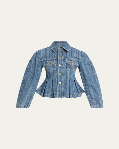 Ganni Pleated Stripe Denim Jacket In Blue