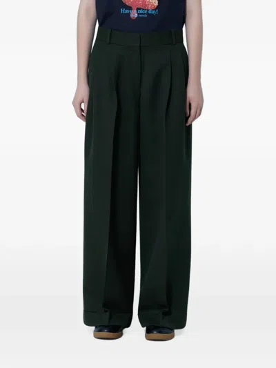 Ganni Pleated-front Wide-leg Trousers In Green