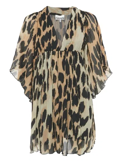 Pre-owned Ganni Plissé Leopard-print Mini Dress In Brown