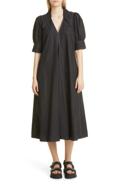 Ganni Poplin Puffed-sleeve Topstitched Midi Dress In Black