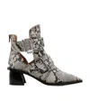 Ganni Snake Printed Chunky Buckle Open Cut Boots In Gray