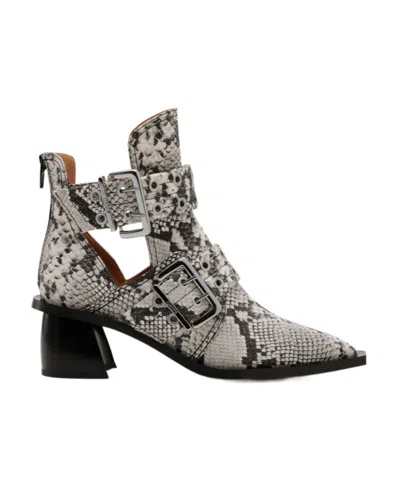 GANNI SNAKE PRINTED CHUNKY BUCKLE OPEN CUT BOOTS
