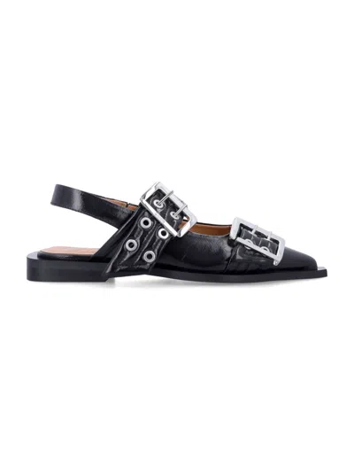 Ganni Pointed Toe Black Ballerinas With Eyelet-accented Buckle Detail