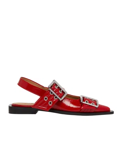 Ganni Feminine Buckle Patent Slingback Sandals In Red